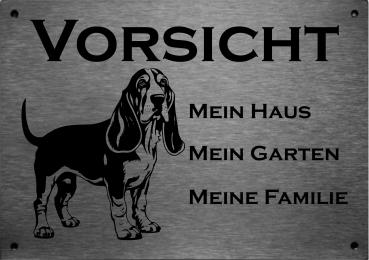 Edelstahl Warnschild Basset Hound VORSICHT Mein Haus mein Garten meine Familie